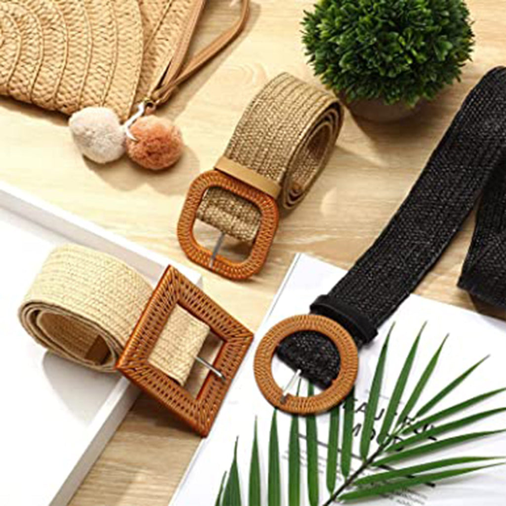 3 Pieces Straw Woven Elastic Waist Belt JEC Shops LLC