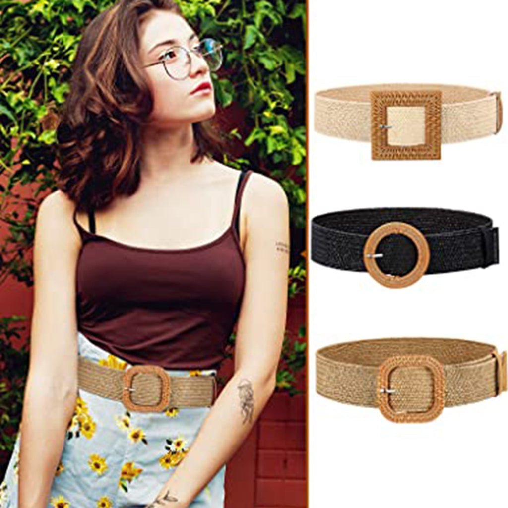 3 Pieces Straw Woven Elastic Waist Belt JEC Shops LLC