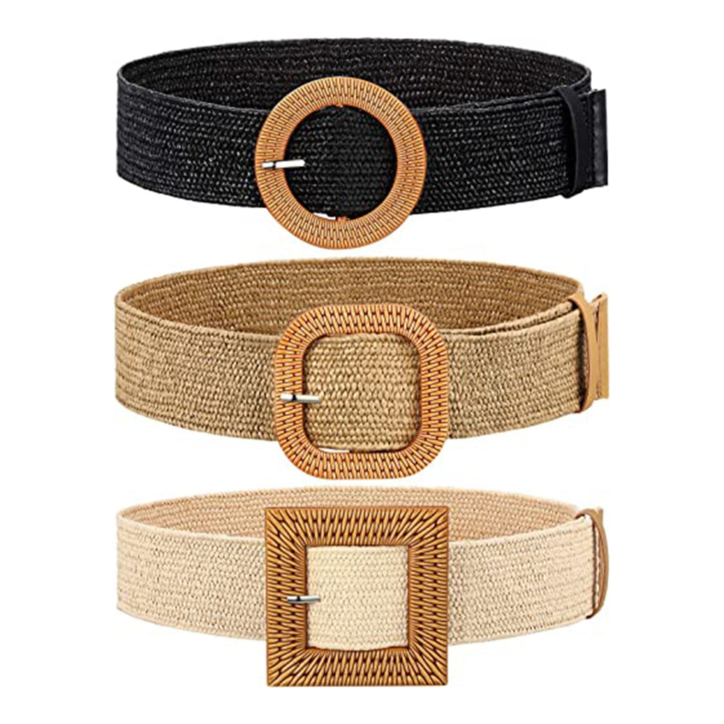 3 Pieces Straw Woven Elastic Waist Belt JEC Shops LLC