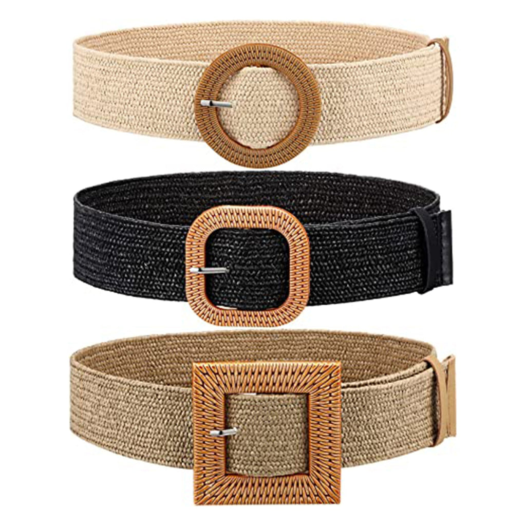 3 Pieces Straw Woven Elastic Waist Belt JEC Shops LLC