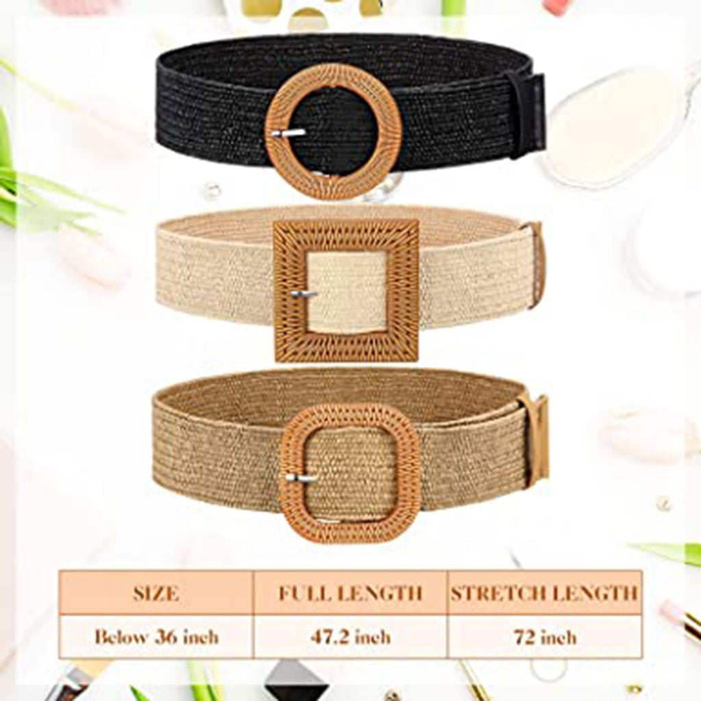 3 Pieces Straw Woven Elastic Waist Belt JEC Shops LLC