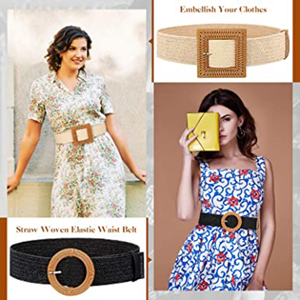 3 Pieces Straw Woven Elastic Waist Belt JEC Shops LLC