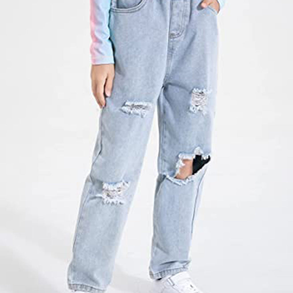 AMEBELLE Big Girls Kids' Ripped Jeans Elastic Waist Printed Hole Denim Pants JEC Shops LLC