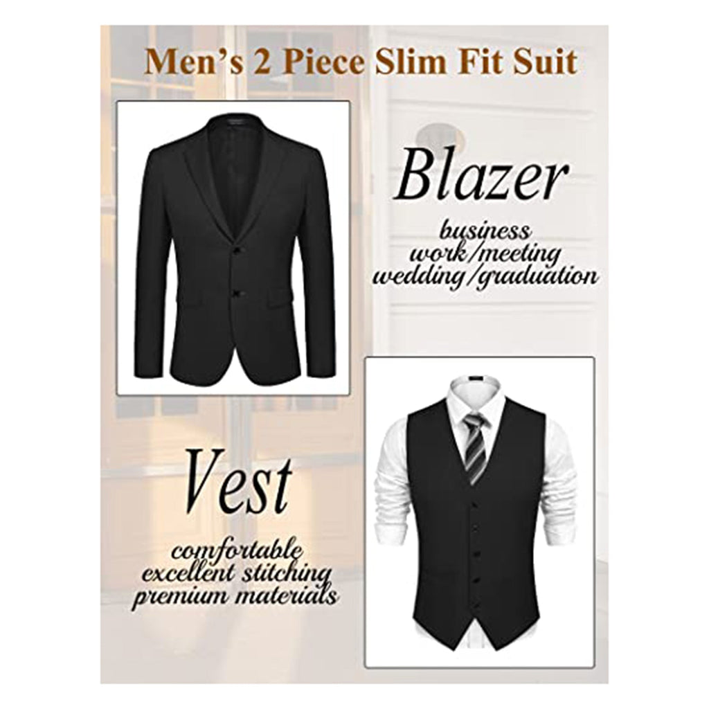 COOFANDY Men's 2 Piece Suit Slim Fit Two Button Blazer Jacket Business Wedding Prom Tuxedo Vest Set JEC Shops LLC