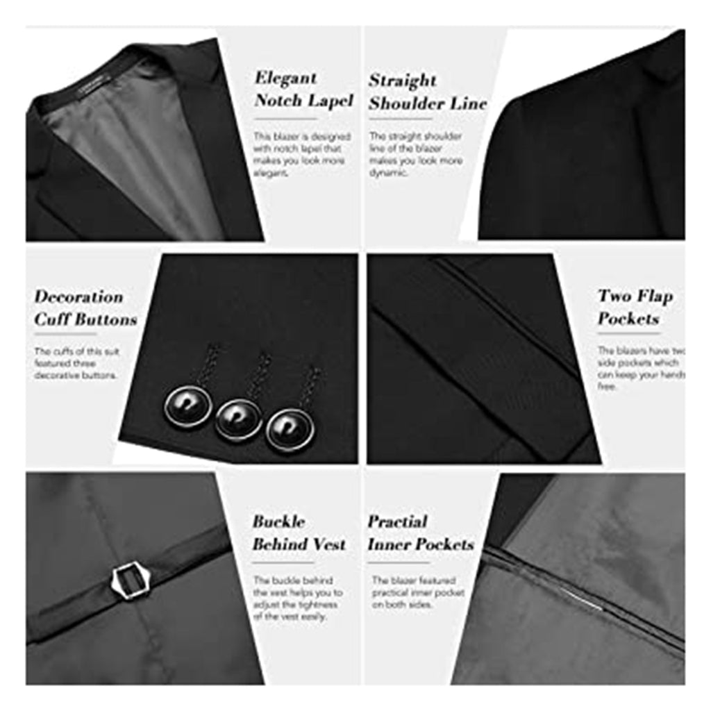 COOFANDY Men's 3 Pieces Slim Fit Suits Classic Solid Jacket Vest Pants Two Button Blazer JEC Shops LLC