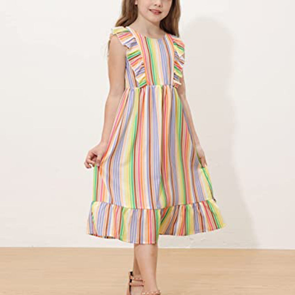 GRACE KARIN Girls Dress Ruffle Sleeve Striped Floral Spring Summer Dress JEC Shops LLC