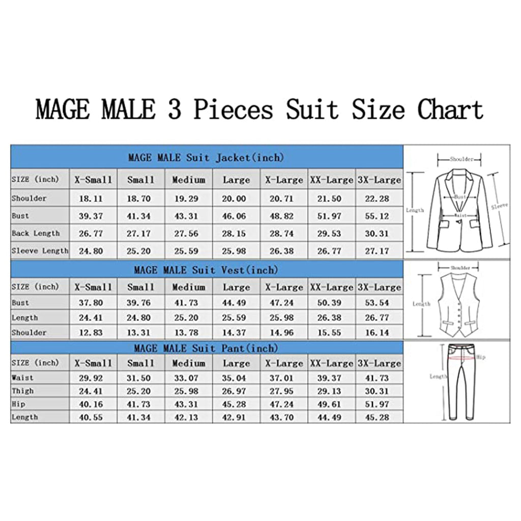 MAGE MALE Men's 3 Piece Suit Slim Fit Solid One Button Party Wedding Tuxedo Suits Blazer Jacket Vest Pants Set JEC Shops LLC