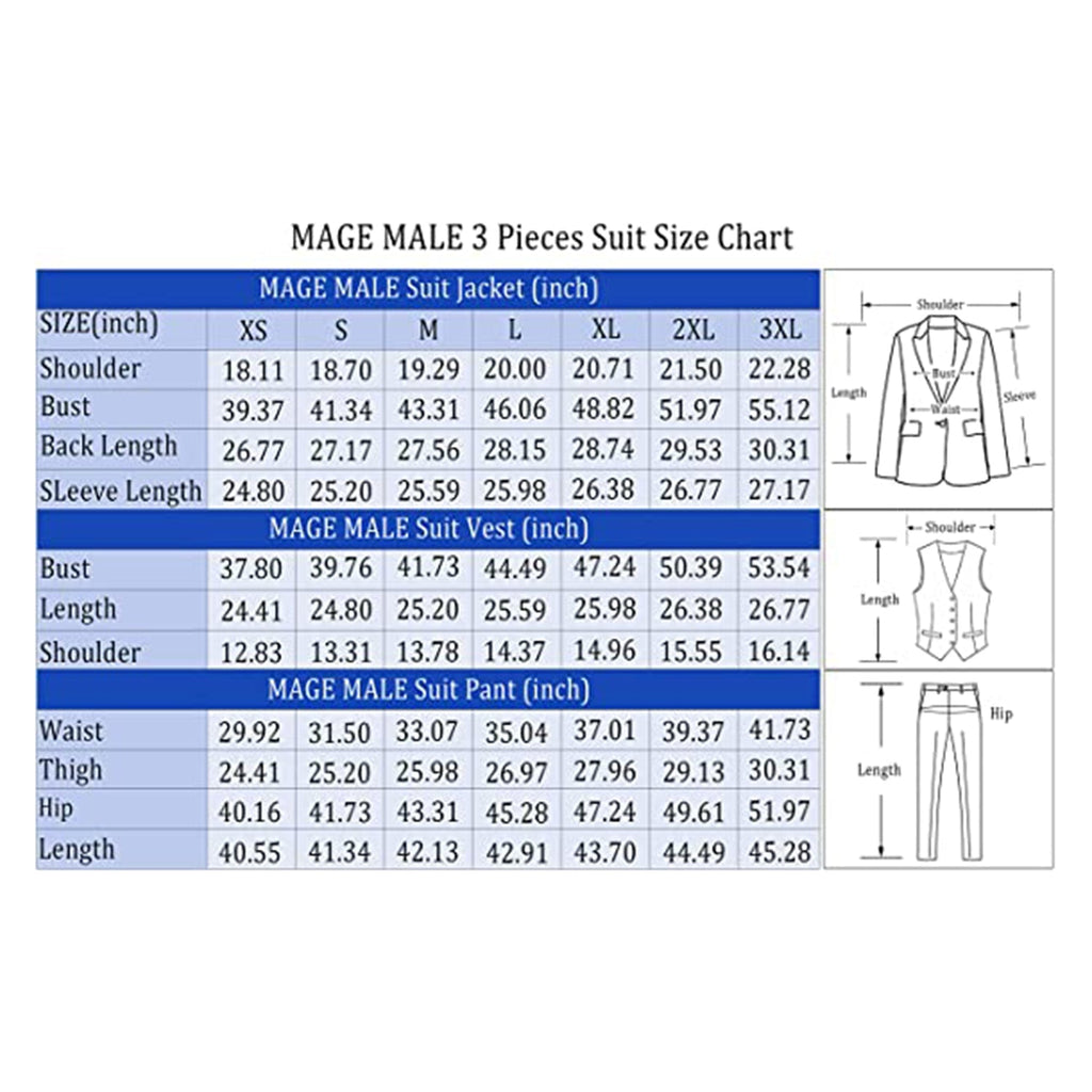 MAGE MALE Men's Slim Fit 3 Piece Suit One Button Solid Shawl Lapel Blazer Jacket Vest Pants Set with Tie Pocket Square JEC Shops LLC