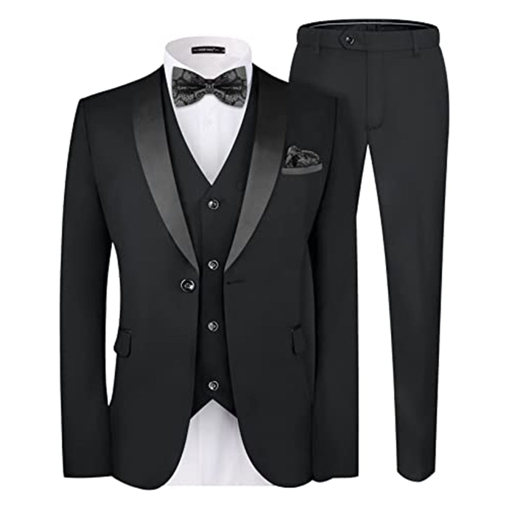 MAGE MALE Men's Slim Fit 3 Piece Suit One Button Solid Shawl Lapel Blazer Jacket Vest Pants Set with Tie Pocket Square JEC Shops LLC