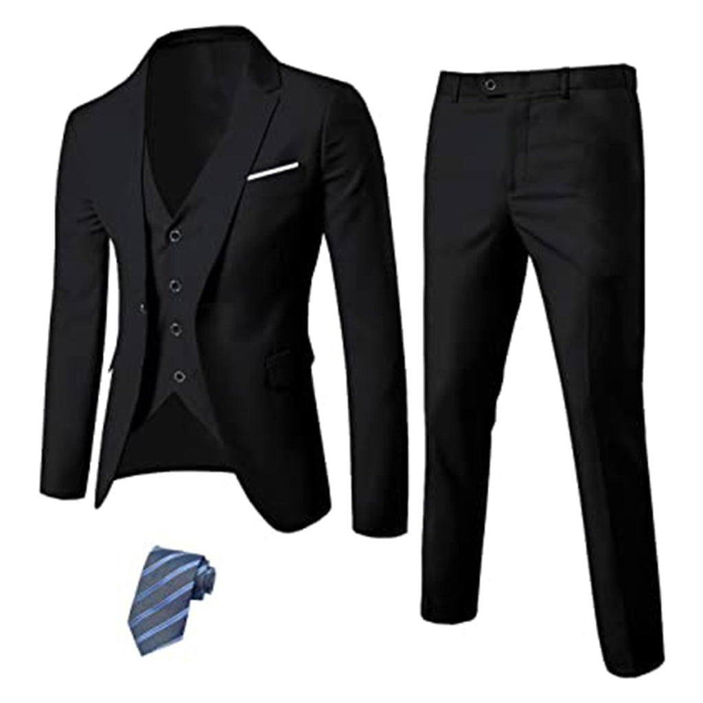 MYS Men's 3 Piece Slim Fit Suit Set, One Button Solid Jacket Vest Pants with Tie JEC Shops LLC