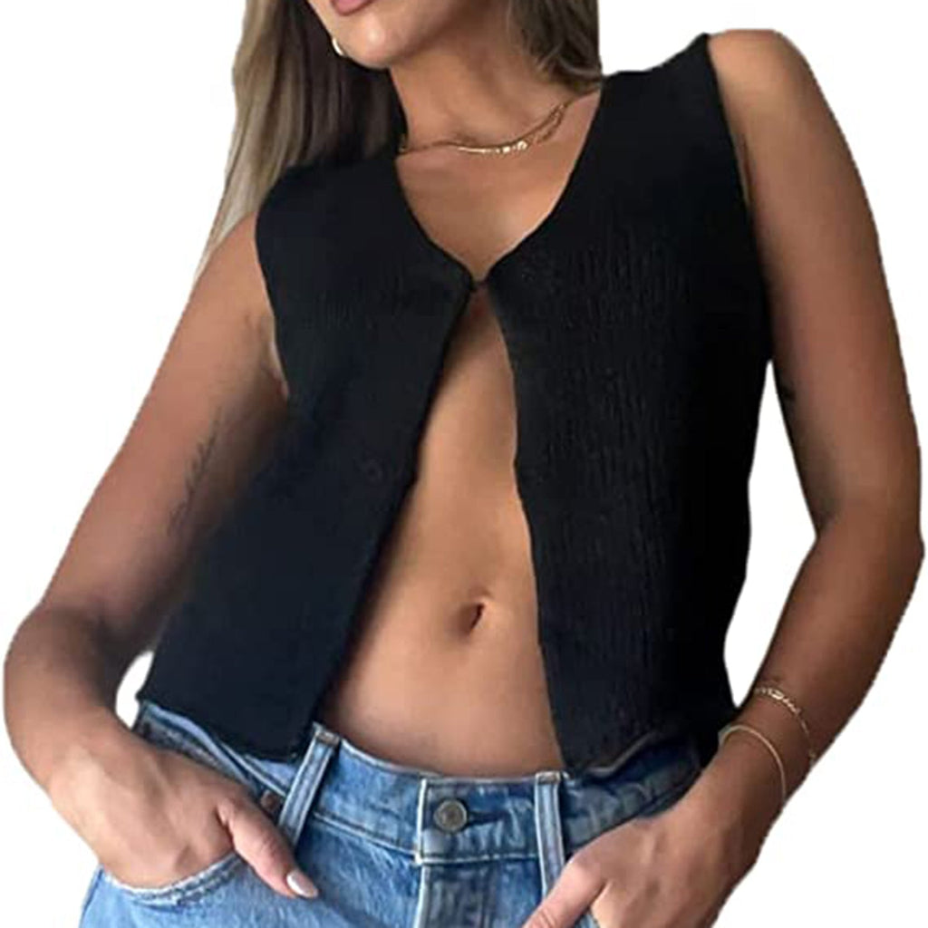 Meihuida Women Crochet Vest Top Y2k Knit V Neck Sleeveless Button Down Streetwear JEC Shops LLC