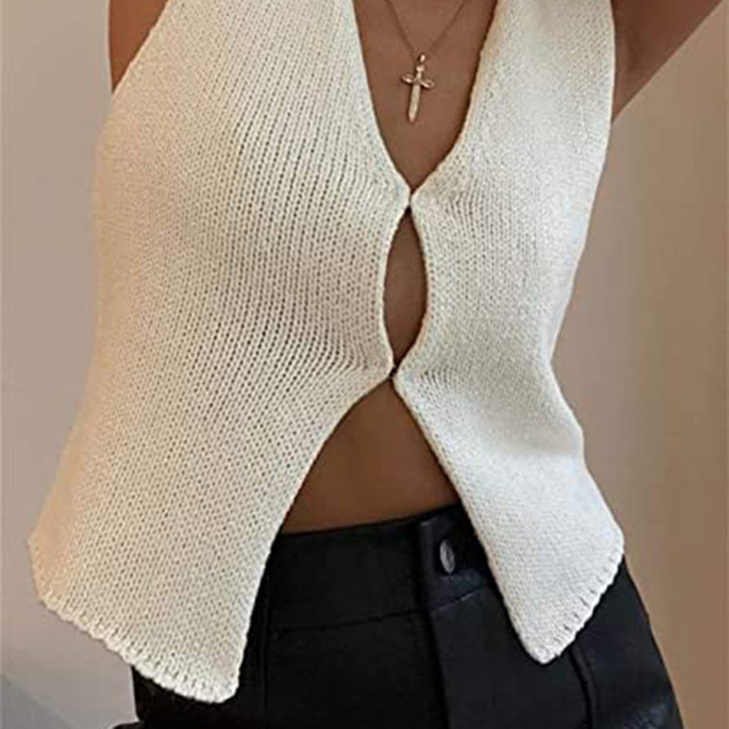 Meihuida Women Crochet Vest Top Y2k Knit V Neck Sleeveless Button Down Streetwear JEC Shops LLC