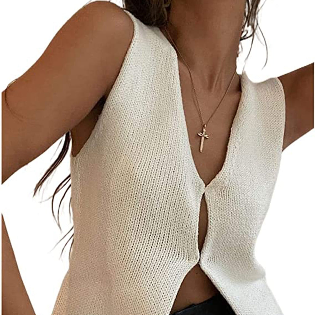 Meihuida Women Crochet Vest Top Y2k Knit V Neck Sleeveless Button Down Streetwear JEC Shops LLC