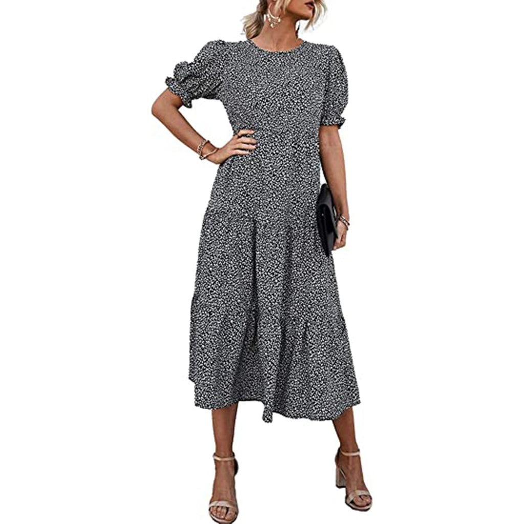 Puff Sleeve High Waist Midi Beach Dress JEC Shops LLC