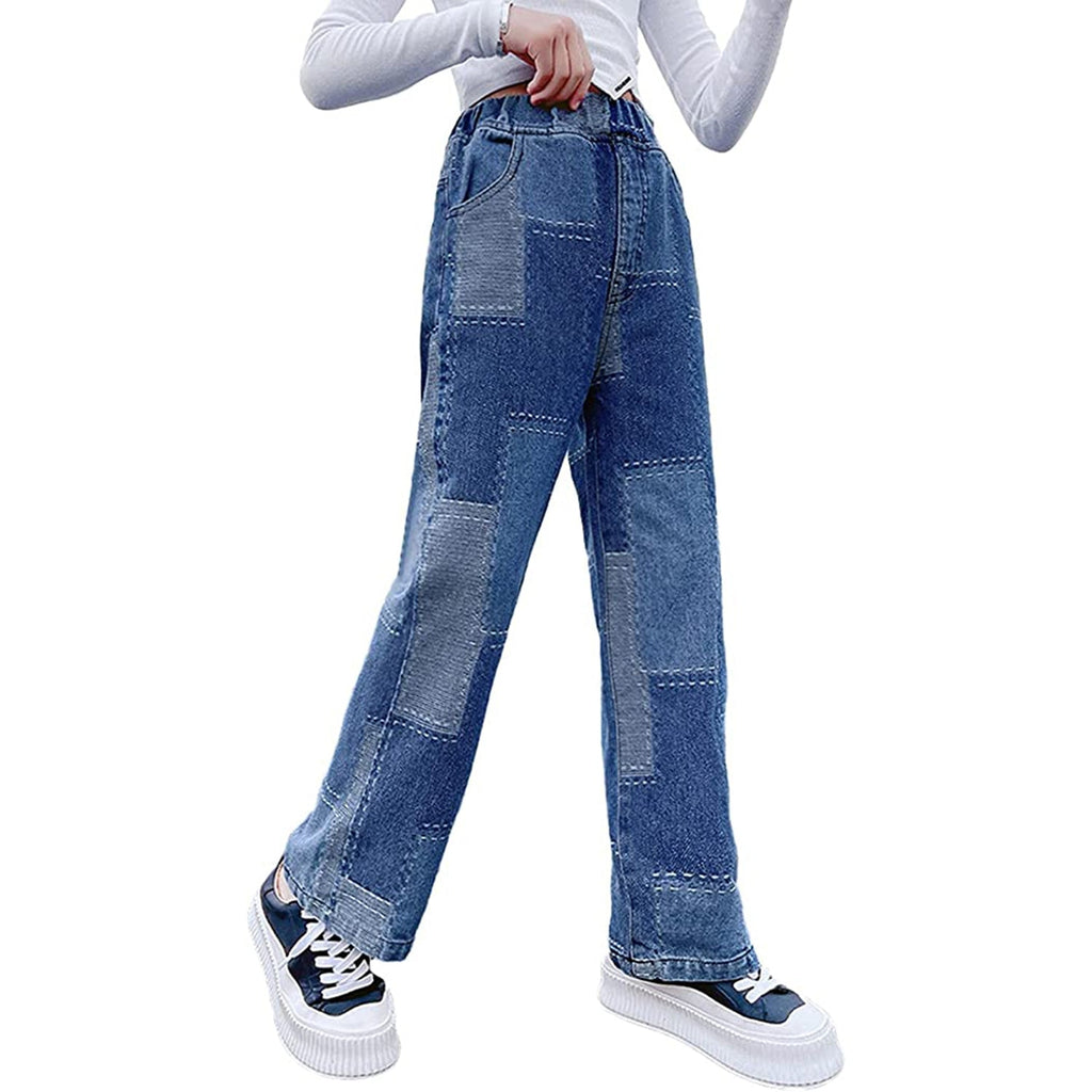 Rolanko Girls Jeans Denim Elastic Wasit Wide Leg Baggy Pants JEC Shops LLC