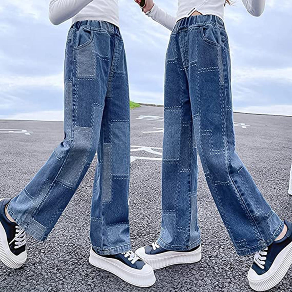 Rolanko Girls Jeans Denim Elastic Wasit Wide Leg Baggy Pants JEC Shops LLC