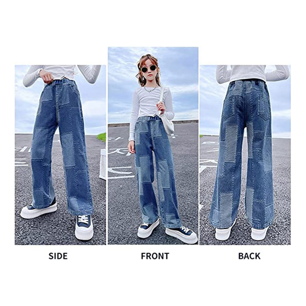 Rolanko Girls Jeans Denim Elastic Wasit Wide Leg Baggy Pants JEC Shops LLC