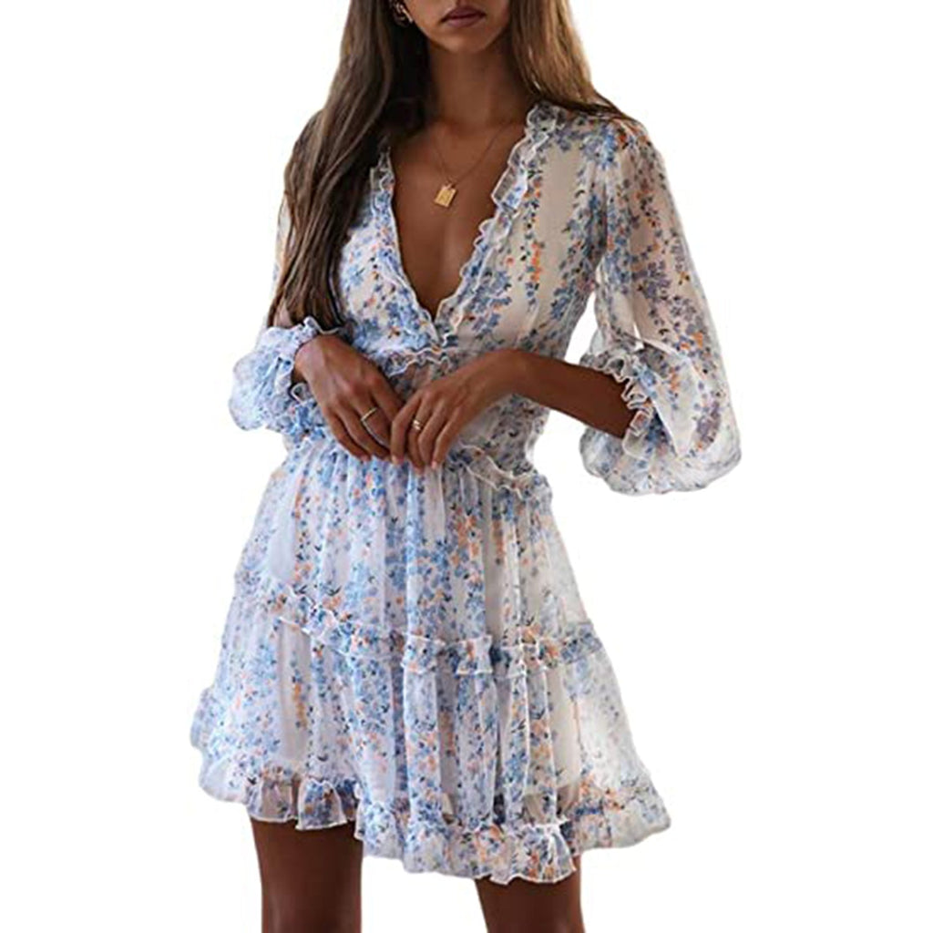 Ruffle Long Sleeve Floral Print Mini Dress JEC Shops LLC