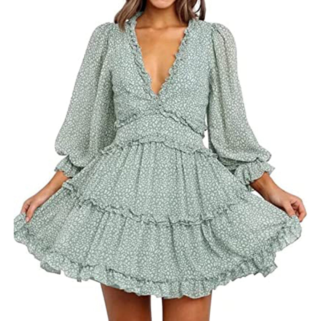 Ruffle Long Sleeve Floral Print Mini Dress JEC Shops LLC