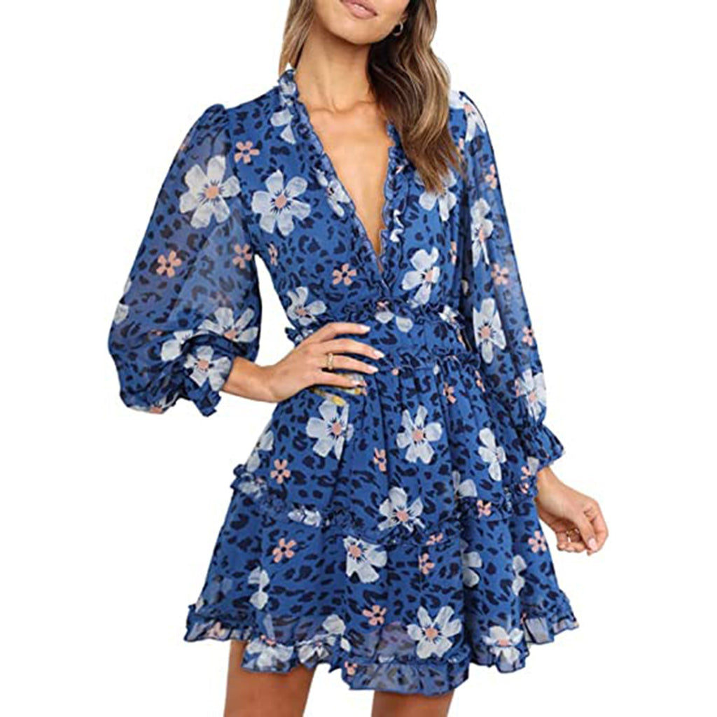 Ruffle Long Sleeve Floral Print Mini Dress JEC Shops LLC