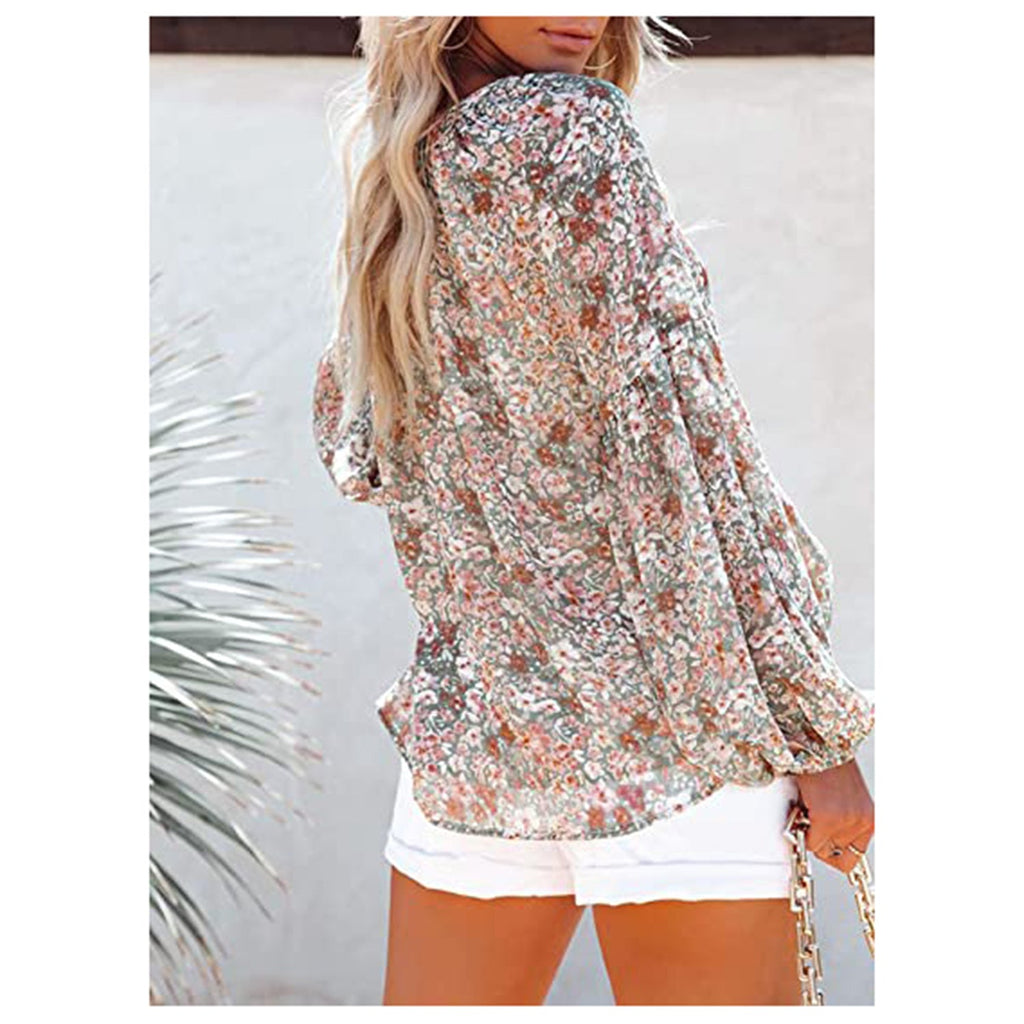 SHEWIN Women's Casual Boho Floral Print V Neck Long Sleeve Loose Blouses Shirts Tops JEC Shops LLC