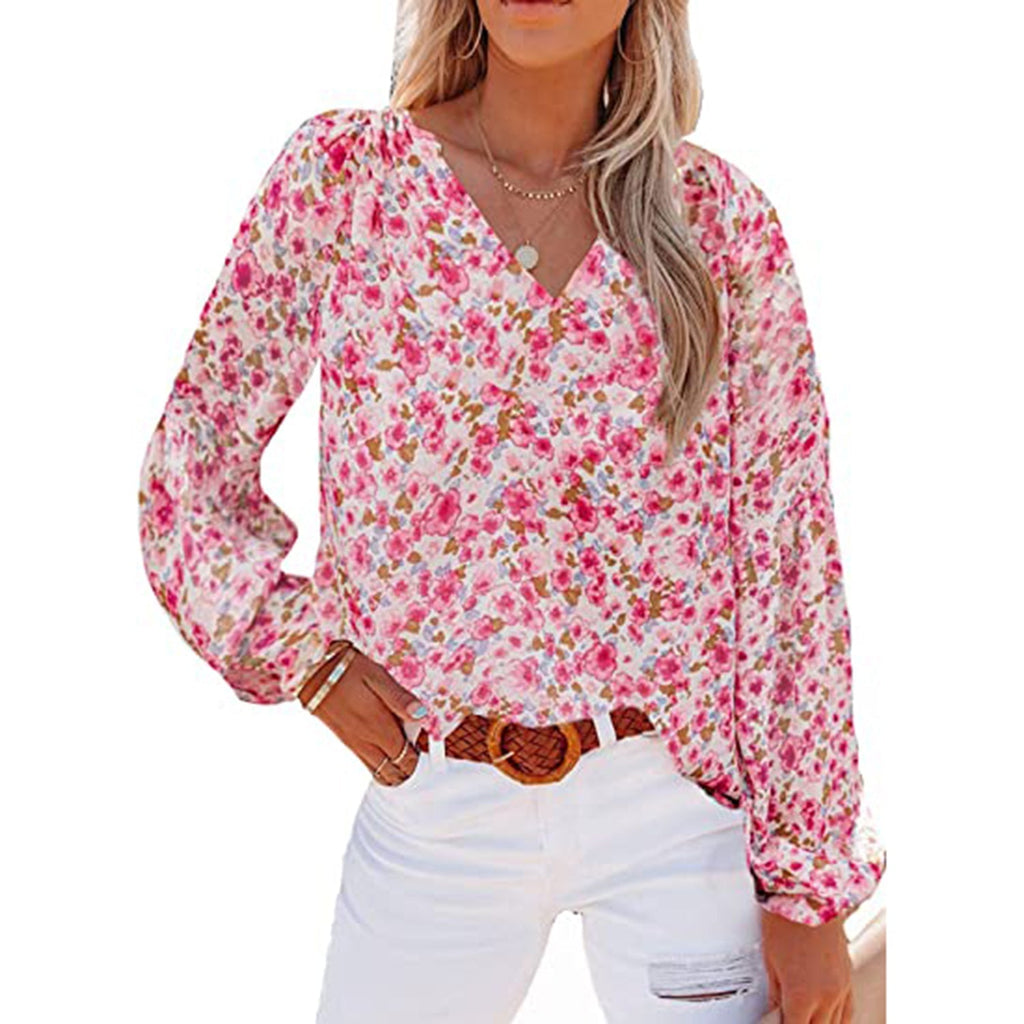 SHEWIN Women's Casual Boho Floral Print V Neck Long Sleeve Loose Blouses Shirts Tops JEC Shops LLC