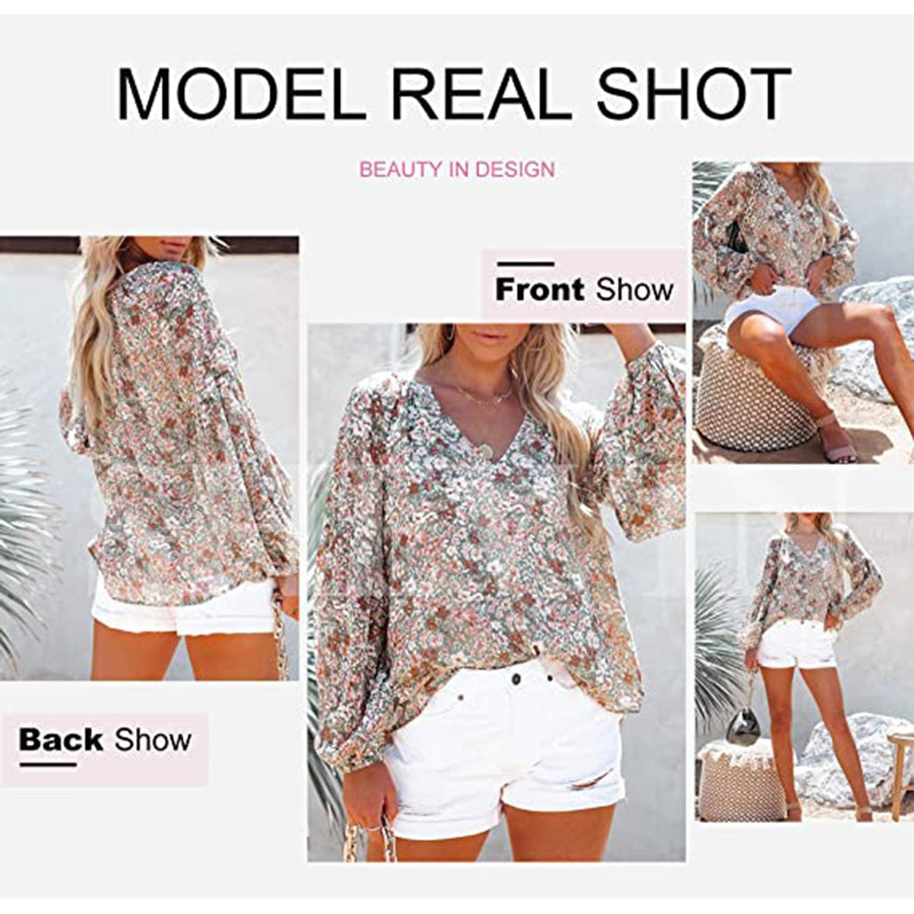 SHEWIN Women's Casual Boho Floral Print V Neck Long Sleeve Loose Blouses Shirts Tops JEC Shops LLC