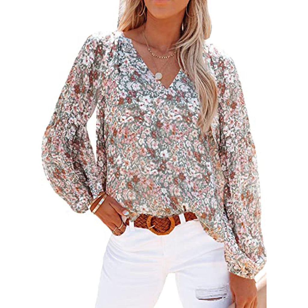 SHEWIN Women's Casual Boho Floral Print V Neck Long Sleeve Loose Blouses Shirts Tops JEC Shops LLC