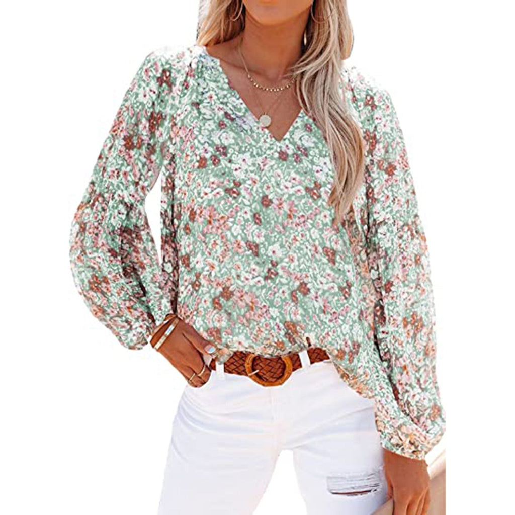 SHEWIN Women's Casual Boho Floral Print V Neck Long Sleeve Loose Blouses Shirts Tops JEC Shops LLC