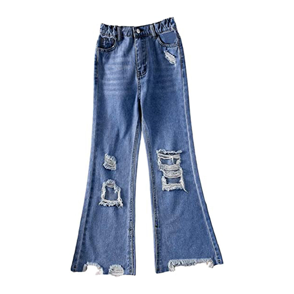 WDIRARA Girl's High Waisted Ripped Raw Hem Flare Bell Bottom Jeans Denim Pants JEC Shops LLC