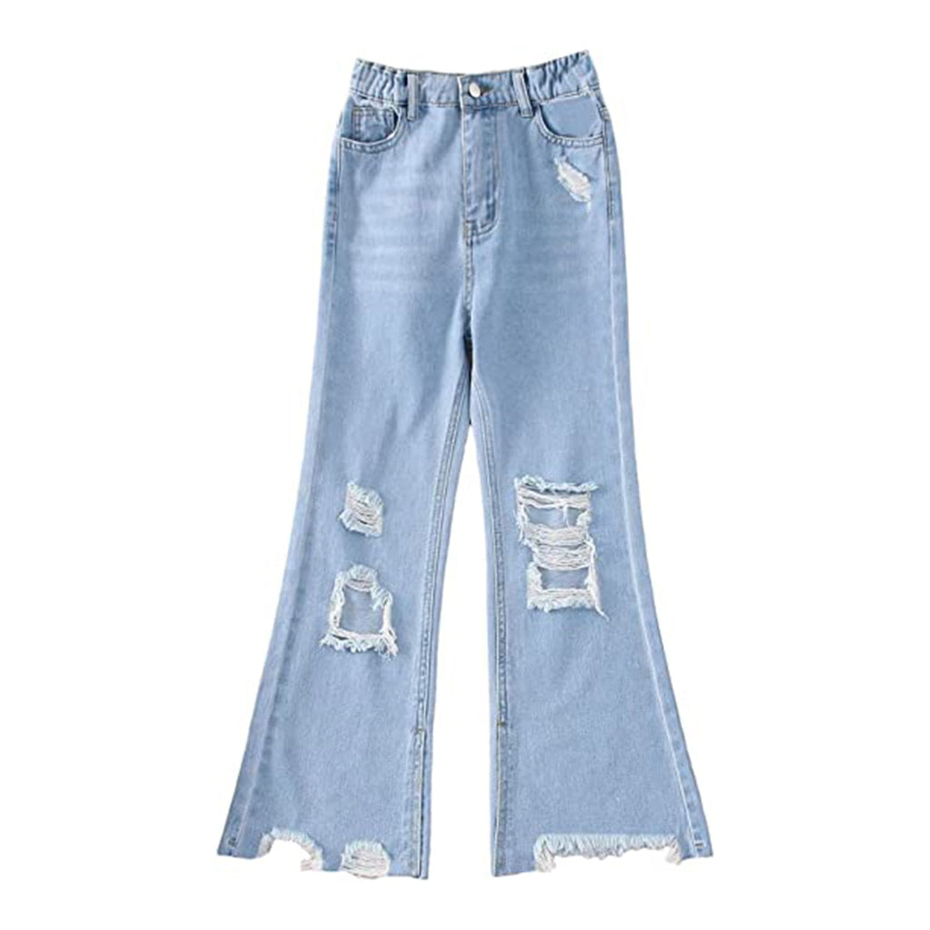 WDIRARA Girl's High Waisted Ripped Raw Hem Flare Bell Bottom Jeans Denim Pants JEC Shops LLC