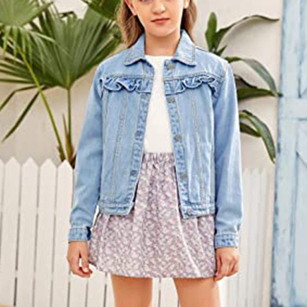 Xineppu Girl Buttons Jean Jacket Denim Pockets Basic Spring Outwear 5-14 Years Old JEC Shops LLC