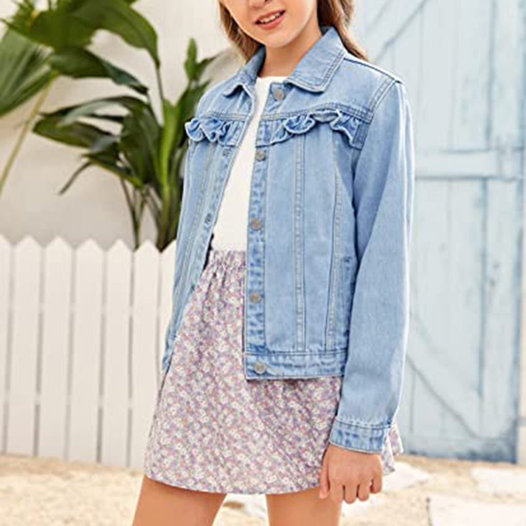 Xineppu Girl Buttons Jean Jacket Denim Pockets Basic Spring Outwear 5-14 Years Old JEC Shops LLC