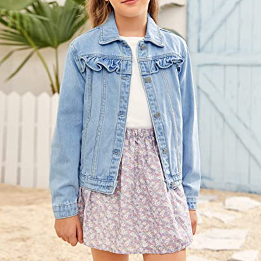 Xineppu Girl Buttons Jean Jacket Denim Pockets Basic Spring Outwear 5-14 Years Old JEC Shops LLC