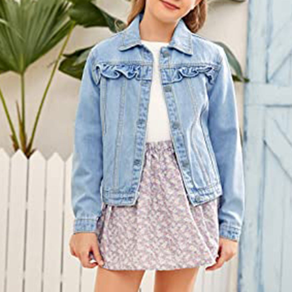 Xineppu Girl Buttons Jean Jacket Denim Pockets Basic Spring Outwear 5-14 Years Old JEC Shops LLC